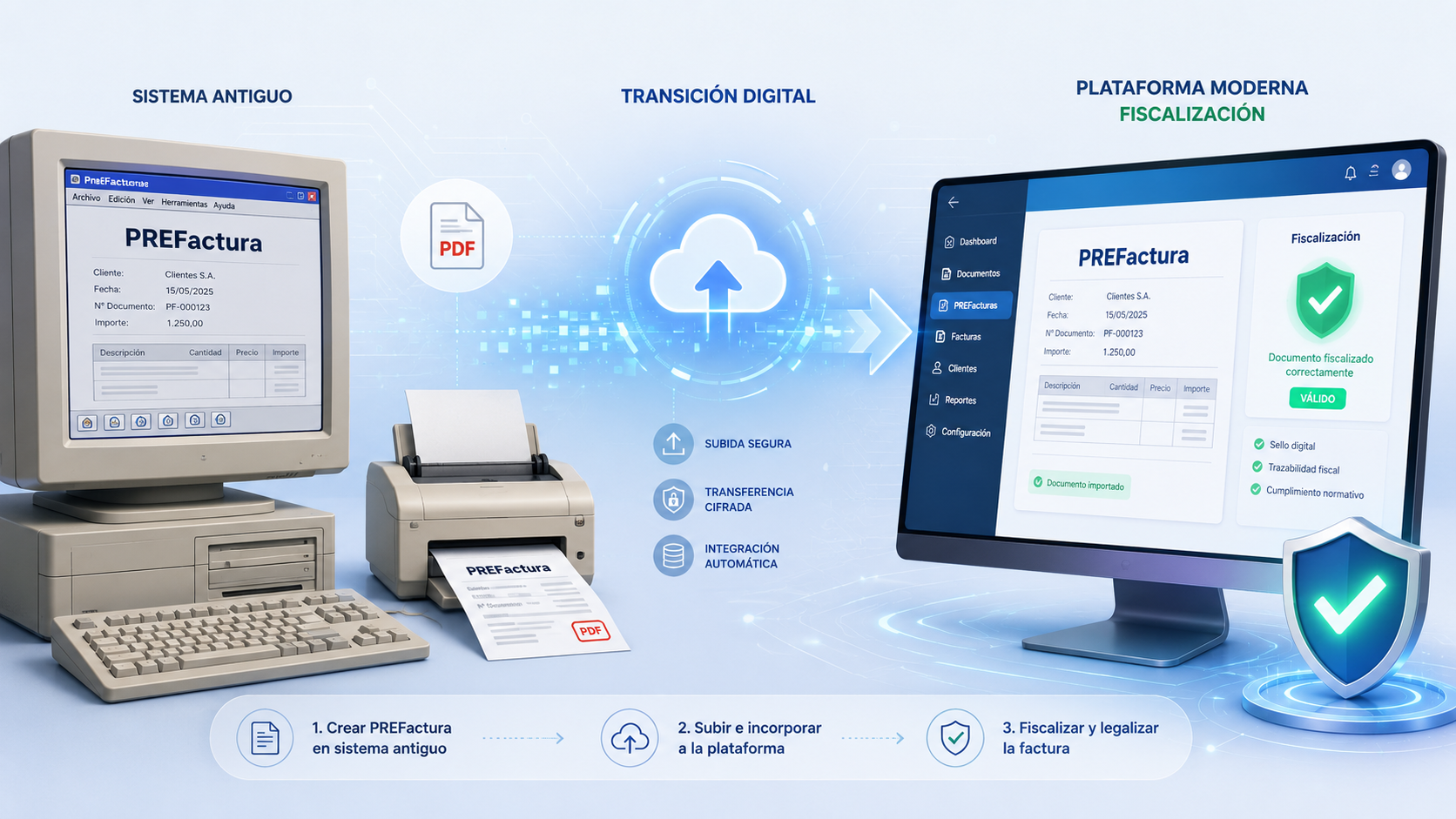 Transición de una prefactura desde un sistema antiguo a una plataforma moderna de fiscalización